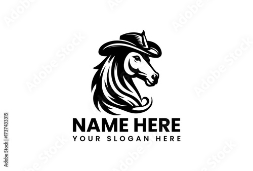 Horse Head Silhouette with Cowboy Hat and Flowing Mane in Bold Black.