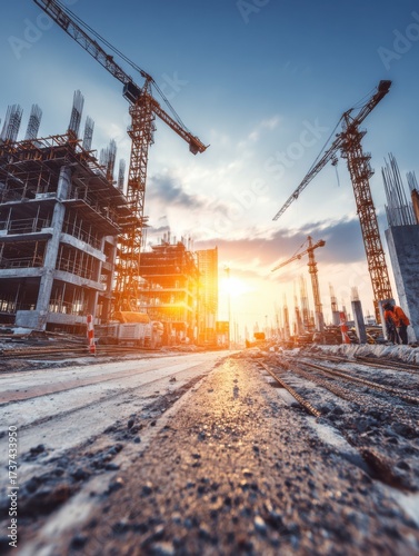 Cranes tower above a busy construction site as workers continue their tasks during a vibrant sunset. The sky glows with warm colors.