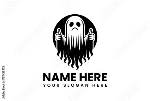 Monochrome Ghost Mascot with Thumbs Up in Circular Frame Design.