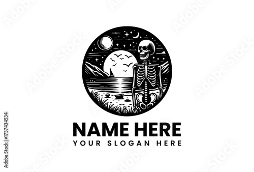 Monochrome Skeleton Silhouette on Beach with Celestial Nightscape in Circular Frame.