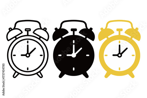 Alarm Clock Icon Set: Line, Solid Black, and Yellow Styles for Time, Deadline, and Morning Wakeup