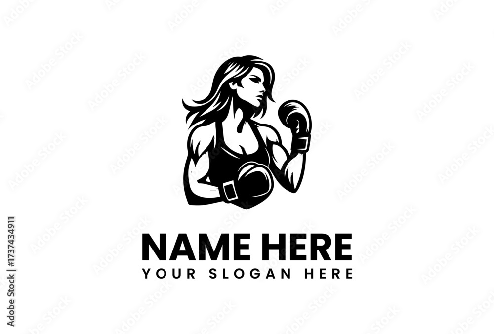 Obraz premium Muscular Female Boxer in Silhouette with Boxing Gloves Ready to Fight.
