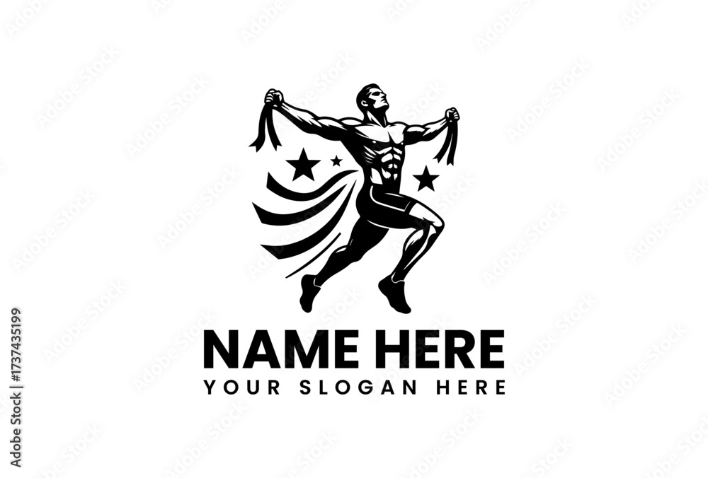 Fototapeta premium Muscular Figure Leaping with Ribbons and Stars in Black Silhouette.