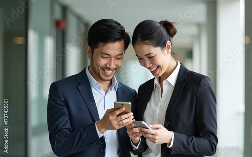 Two Asian business people using smartphone and talking together. High quality