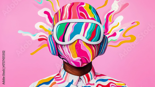 Wallpaper Mural Strikingly colorful figure adorned in vibrant, swirling psychedelic patterns, wearing futuristic goggles and headphones, set against energetic pink background with emanating abstract shapes. Torontodigital.ca