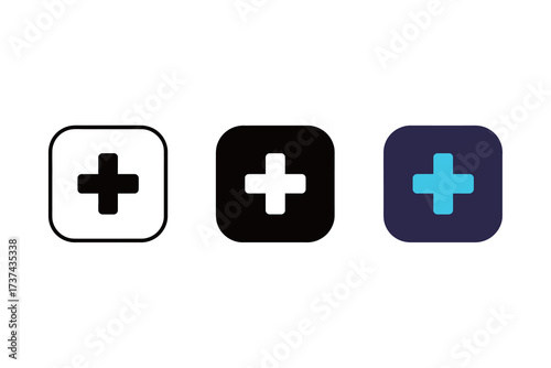 Plus Sign Icon Set in Rounded Square: Outline, Solid Black, and Blue for Add and Positive Value