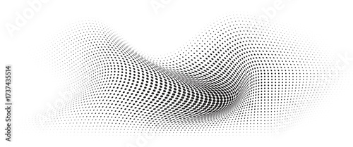 Flowing Wave Dot Halftone Pattern: Curve Gradient Shape on Transparent Background. Suitable for AI, Tech, Network, Digital, Science, and Technology Themes.	
