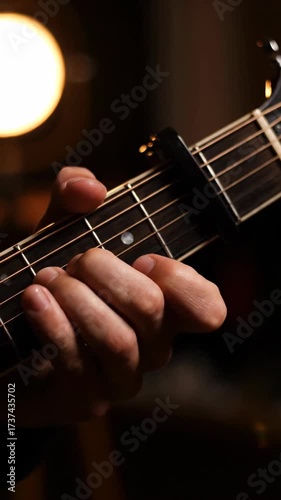 Close Up of Person Playing Acoustic Guitar With Capo