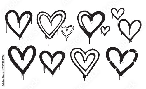 Graffiti Heart Vector Set Hand Drawn Outline Heart Shapes with Dripping Paint and Street Art Style
