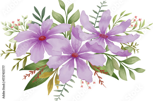 Elegant purple flowers arrangement with green leaves watercolor style delicate floral vector illustration for wedding and engagement design elements