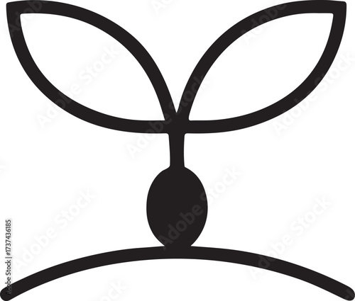 Minimal seed with two leaves line icon silhouette, symbolizing growth and nature concept.