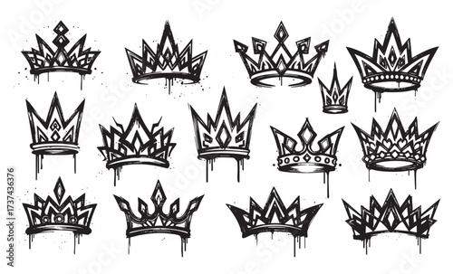 Graffiti Crown Outline Set King and Queen Symbols with Dripping Paint and Bold Urban Street Art Style