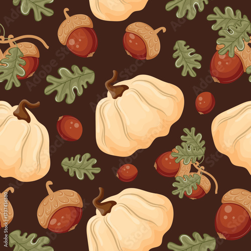 pattern with white ripe pumpkins and oak tree branches with ripe brown acorns on a brown background, for autumn seasonal designs, packaging or textiles