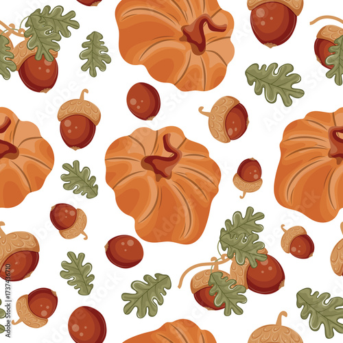 pattern with round orange autumn pumpkins with autumn plants namely oak branches with ripe acorns, for seasonal autumn designs