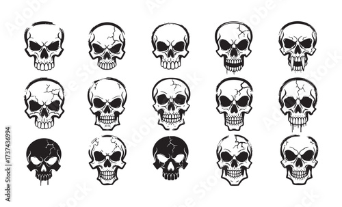 Graffiti Skull Icon Set Vector Collection of Grungy, Aggressive Skulls with Paint Splatter
