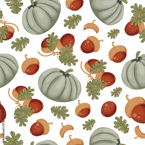 pattern with autumn harvest of green pumpkins and oak branches with ripe brown acorns, for autumn seasonal designs, textiles or packaging