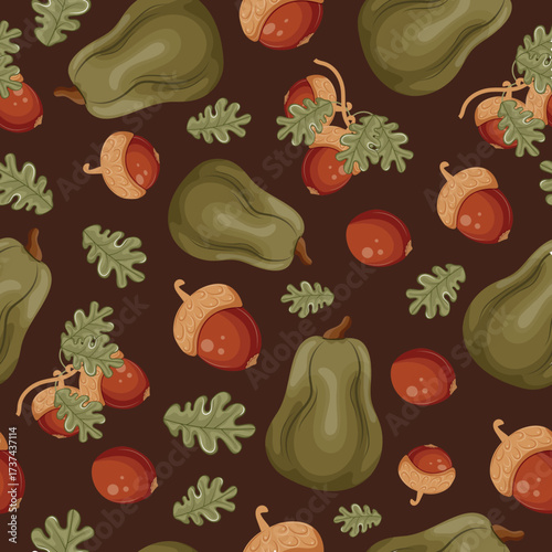 pattern with autumn harvest of green long pumpkins and oak branches with ripe brown acorns on a brown background, for autumn seasonal designs, textiles or packaging