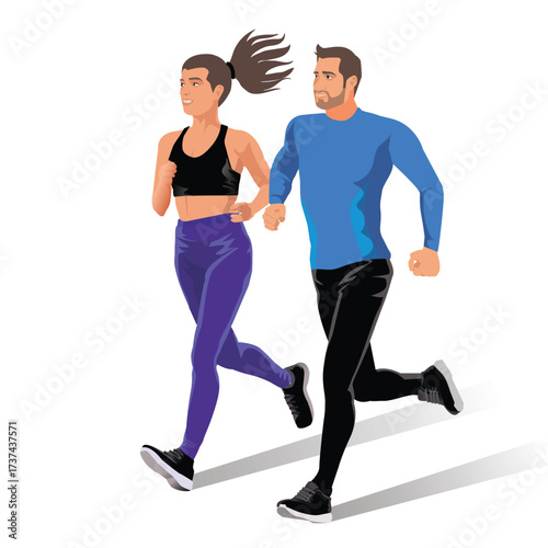 Full length of a young man and woman in sportswear running together isolated on white background. vector, illustyration