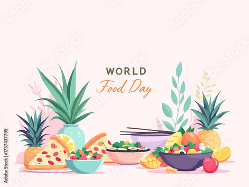 World Food Day illustration with fruits, salad, and pizza.