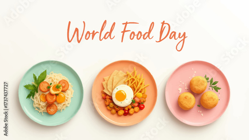 World Food Day image with three plates of food on a white background.
