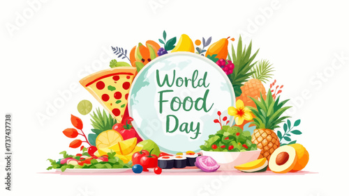 World Food Day illustration with pizza, sushi, fruits, vegetables, and flowers around a globe.