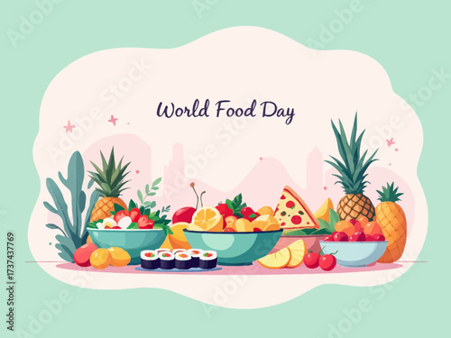 World Food Day illustration with fruits, pizza, and sushi.