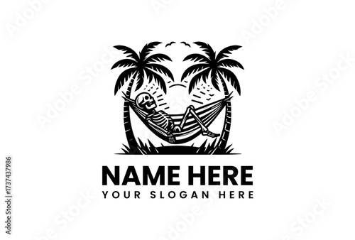 Relaxed Skeleton Lounging in Hammock Between Palm Trees Enjoying Paradise.