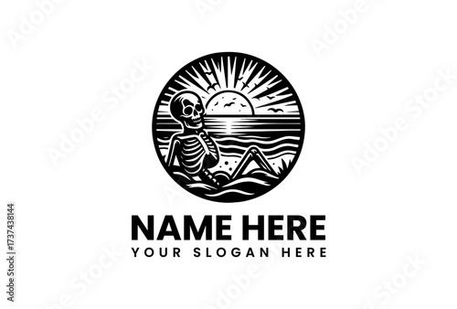 Relaxing Skeleton at Sunset Beach Scene Logo.