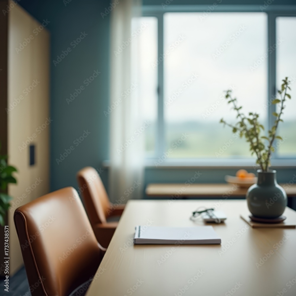 Fototapeta premium Peaceful office scene with muted blues, tan furniture, and soft focus on window