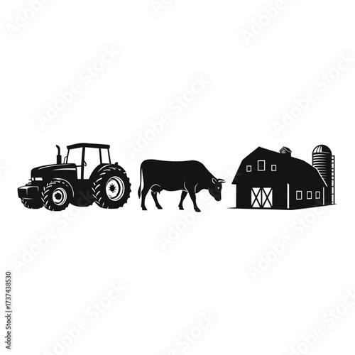 Silhouette of Tractor Cow Barn Rural Farm Life Scene