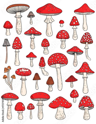 Assorted red toadstool mushrooms with white spots