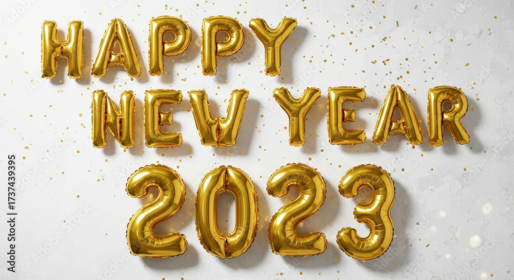 Fototapeta premium Golden Balloons Shaping Happy New Year 2023 Festive Joy Decoration on White Background Glittering Confetti