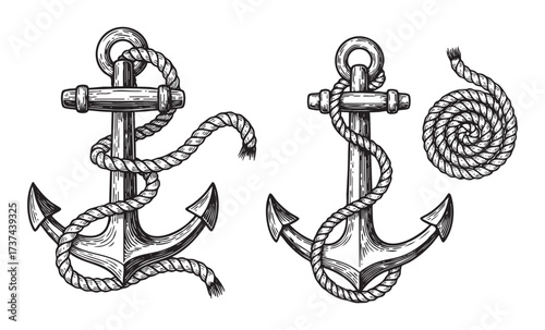  Nautical Anchor Vintage Ship Anchors Wrapped in Rope Engraving Set Element Illustration