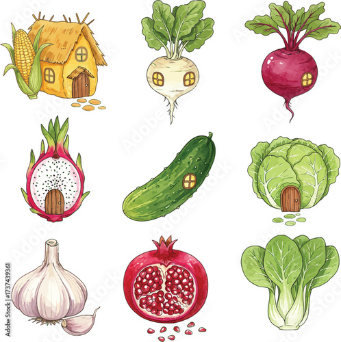 Farmhouse vegetables and fruits healthy food collection fresh produce