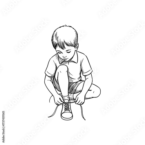 Young boy sitting and tying shoelaces 