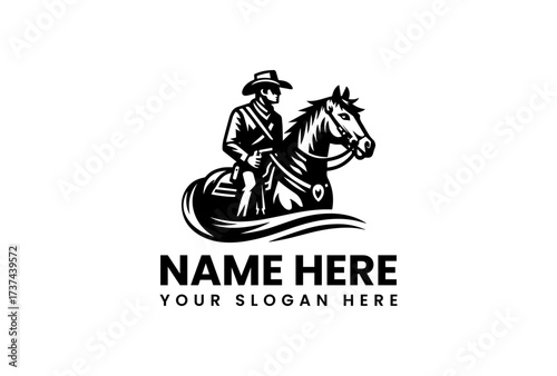 Silhouette of Cowboy Riding Horse with Hat and Detailed Saddle.