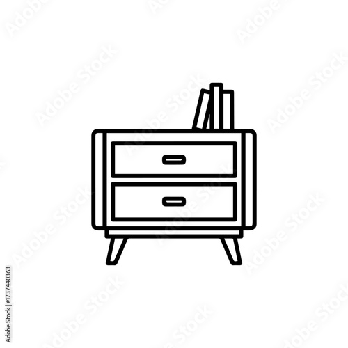 A minimalist line drawing of a nightstand with two drawers and books on top