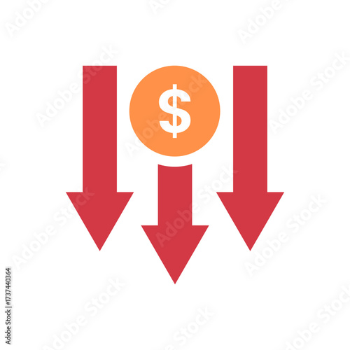 Flat Dollar Coin Down Arrows Financial Loss Icon