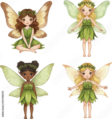 Four whimsical fairies fluttering with delicate wings and green outfits