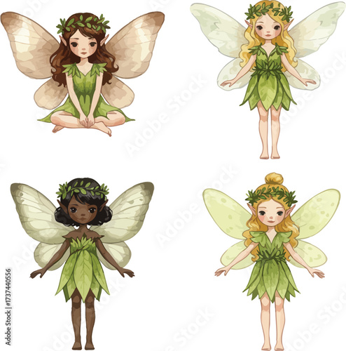 Four adorable fairies in green dresses with delicate wings displayed art