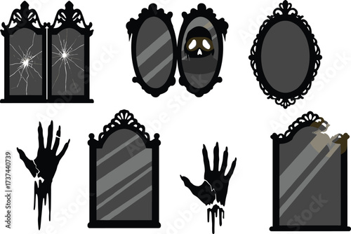 Haunted gothic mirrors with cracked glass, ghostly hands, skull reflection, spooky broken frames for eerie Halloween horror vector illustration