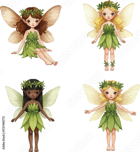 Four adorable fairies dressed in green dresses with delicate wings