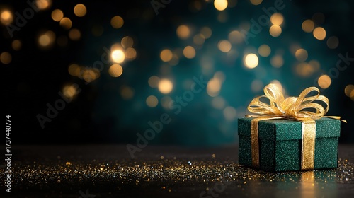 Christmas gift box with golden ribbon, glittery green, on dark surface with golden sparkles, against bokeh lights background, copy space