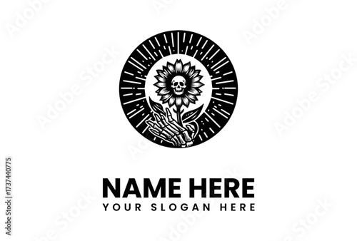 Skull Sunflower Held by Skeletal Hand in Circular Burst Design.