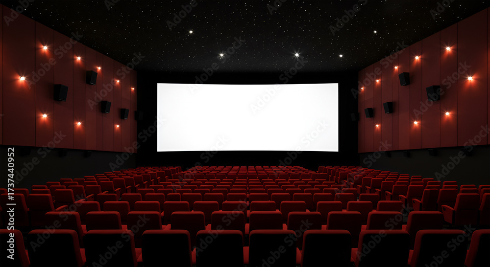 Fototapeta premium An empty movie theater auditorium with red seating facing a blank white screen, ready for a film.