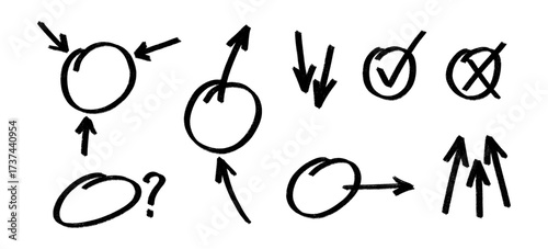Set of hand drawn black exam marks, including various checkmarks, crosses, and other grading symbols. Simple and useful vector elements for educational or evaluation themed designs.