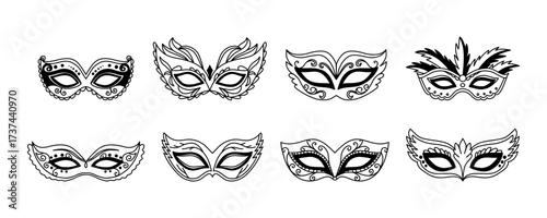 Mardi Gras eye mask set, can be used as isolated sign, symbol or icon. Black masquerade masks, for party, parade and carnival, for Mardi Gras, Halloween, Christmas. Set of carnival masks silhouettes.