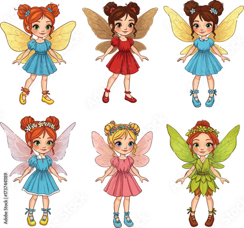 Charming collection of six delightful fairies with colorful wings and dresses