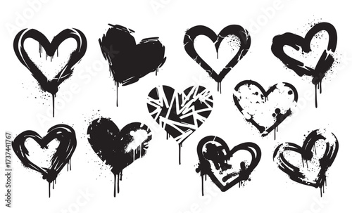 Graffiti Heart Vector Collection Urban Style Drip Paint Heart Shapes and Love Symbols Set

