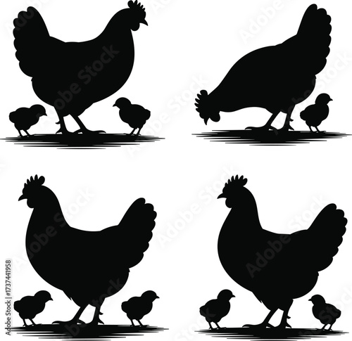 Hen with chicks silhouette vector illustration, farm bird poses, nurturing animal scene, black flat design, cad drawing flat vector illustration